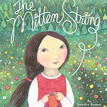 Book cover art for The Mitten String. A smiling young girl, Ruthie, holds a red mitten with a loose string.