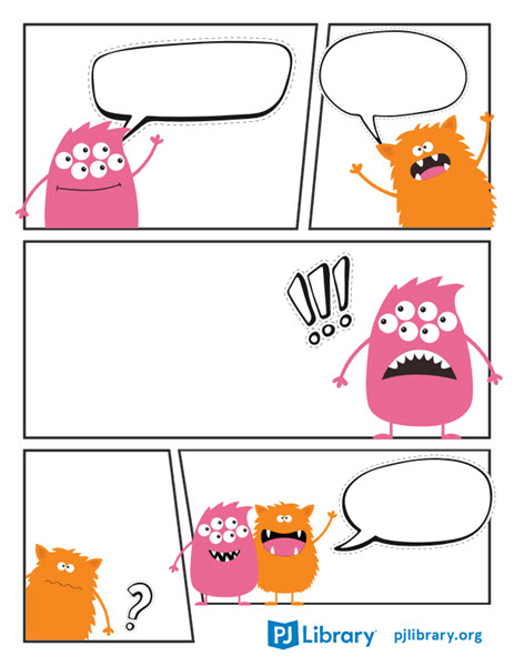 a blank comic strip featuring adorable monsters