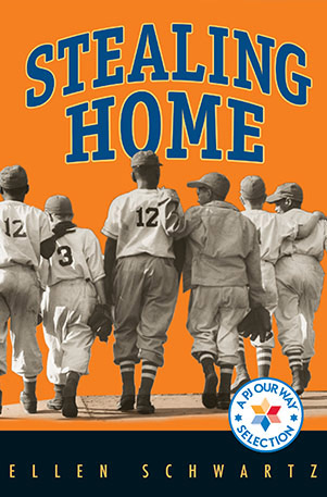 Book cover art for Stealing Home. A boys team of baseball players walks with arms around each other's shoulders.