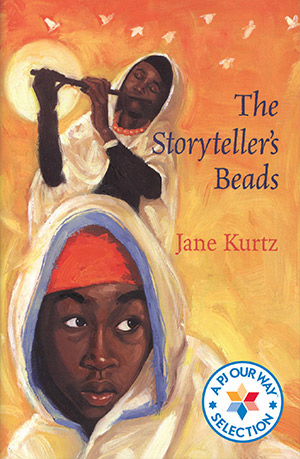 Book cover art for The Storyteller's Beads. The stories two main characters are featured, one plays a flute in the background while the other looks forward.