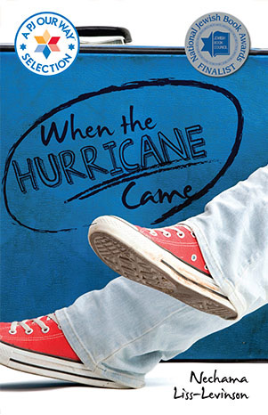 Book cover art for When the Hurricane Came. The legs and sneakers of a youth can be seen in front of luggage.