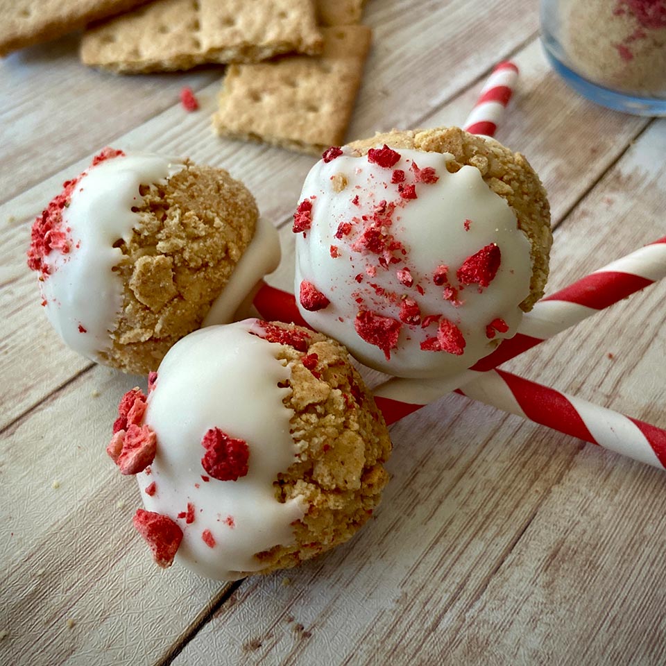 Straberry Cake Pops in a Mason Jar with Graham Crackers around