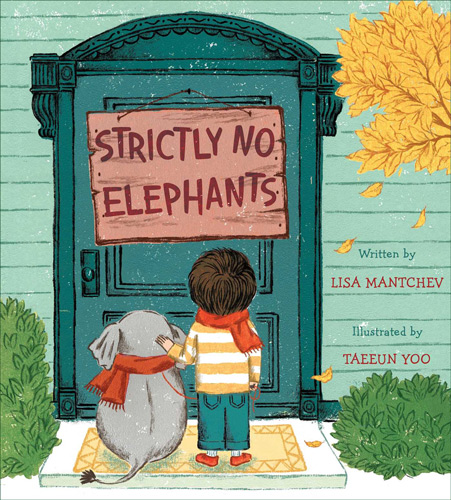 A boy and an elephant standing in front of a closed door