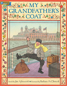 Book cover art for My Grandfather's Coat. A young man in a coat dances joyfully on a boat as it pulls up to a harbor in America.