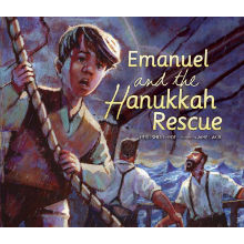 A boy holding a rope on a ship in stormy weather with two men behind looking at a broken mast