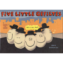 Five Little Gefiltes book cover - Five happy and smiling Gifeltes in front of a cityscape.