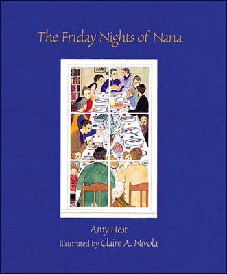 Book cover art for The Friday Nights of Nana. A large family is gathered at the dining table in preparation for the Sabbath.