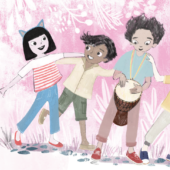 An illustration of three joyful kids creating and enjoying music