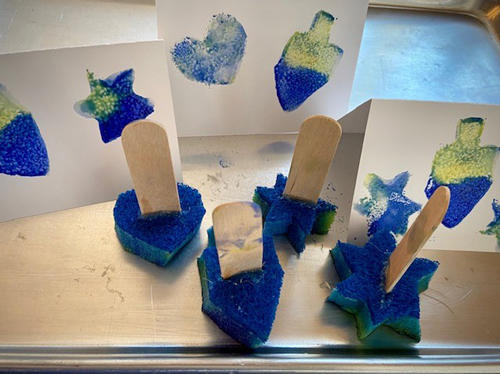 Hanukkah cards created with homemade paint sponges