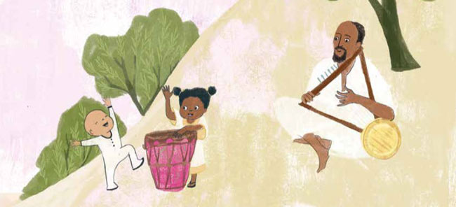 Illustration of kids playing with a drum and a man playing a krar