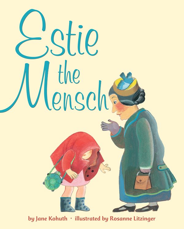 Book cover art for Estie the Mensch. Estie is hiding under her raincoat like a turtle in its shell.