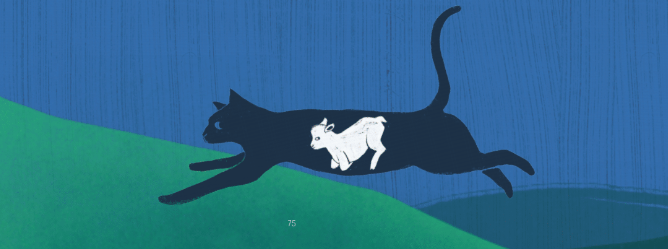 illustration with lamb drawn on a running cat