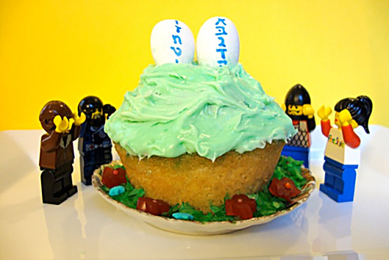 Muffin in the shape of Mt. Sinai with LEGO figures around it