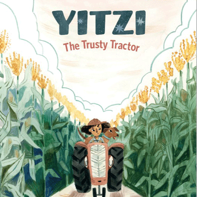 A kid on a tractor in a corn field