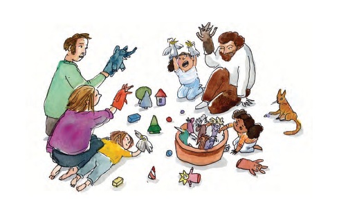 An illustration of people spending time together on Shabbat