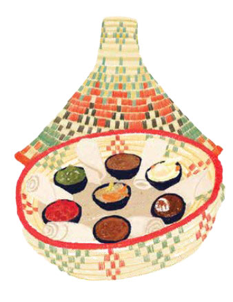 Graphic of an woven Ethiopian basket (mesob) filled with various bowls of food and traditional bread (injera)