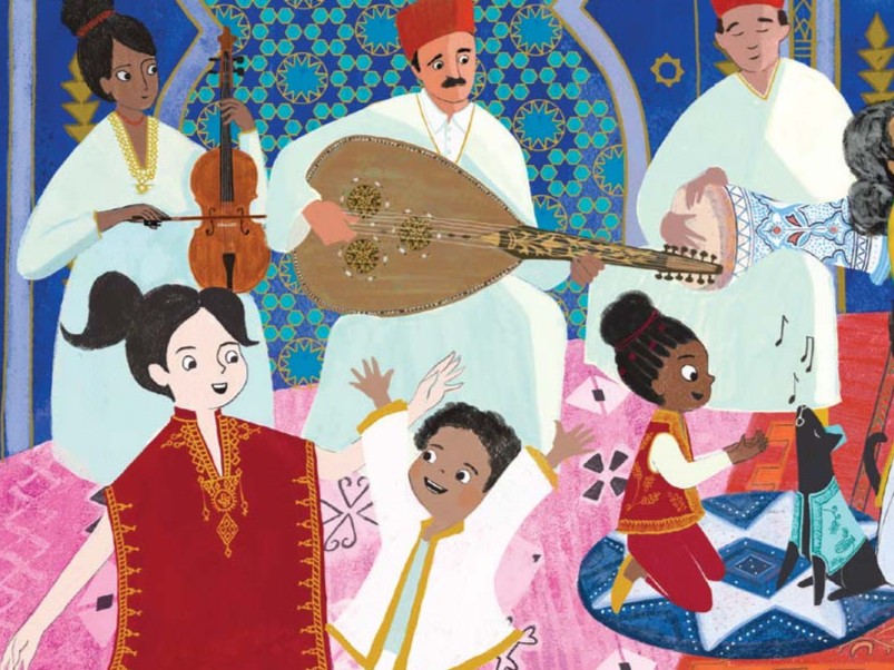 A colorful illustration of a Mimouna celebration.