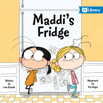Maddie's Fridge book cover - Two children look at each other while leaning against a fridge.