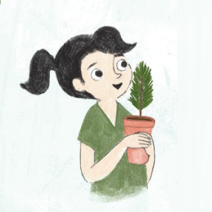 An illustration of a child happily holding a small potted plant