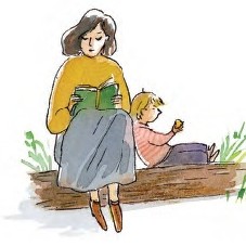 A child on a subway holds a PJ Library book