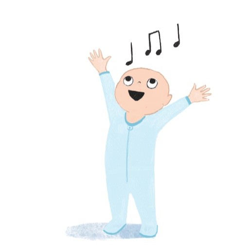 An illustration of a child singing with musical notes floating above