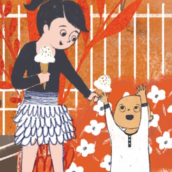 An illustration of an older child sharing an ice cream with a younger child