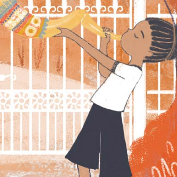 An illustration of a child blowing into a shofar