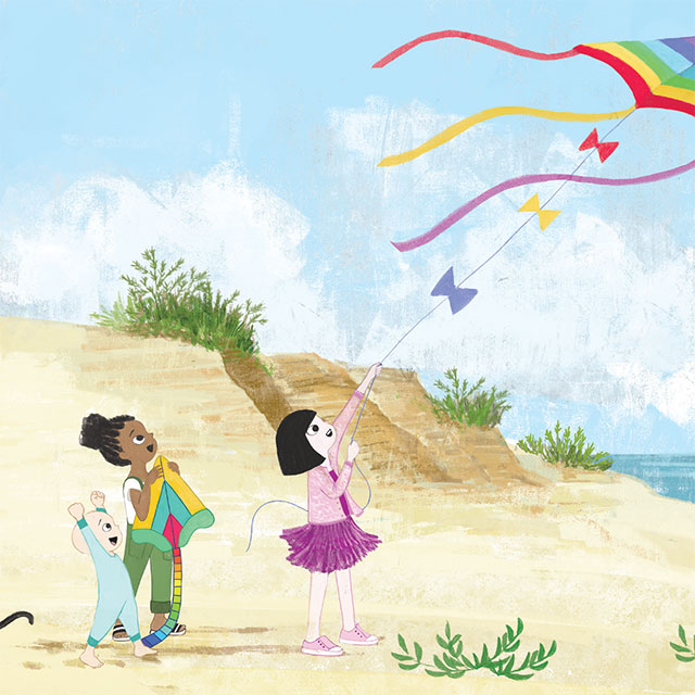 Illustrated children fly a kite on the beach