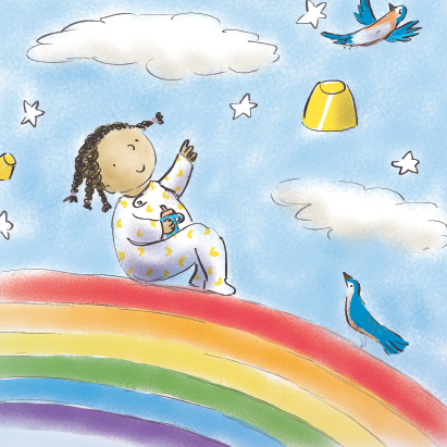 An illustrated child sitting on a rainbow looking at the sky