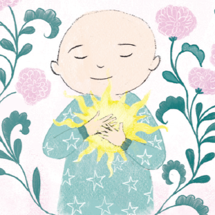 An illustration of a child hugging a shining sun among flowers.